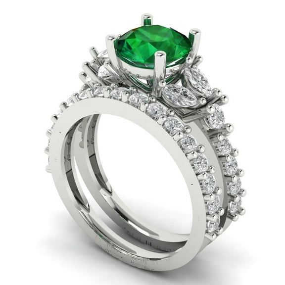 Clara Pucci 14K White Gold Round Cut 1.5Ct Simulated Emerald Engagement Ring + Matching Band - Luxury Box Included