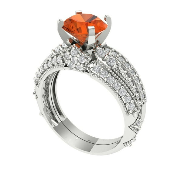 Clara Pucci 14K White Gold Round Cut 1.5Ct Simulated Red Diamond Engagement Ring + Matching Band - Luxury Box Included