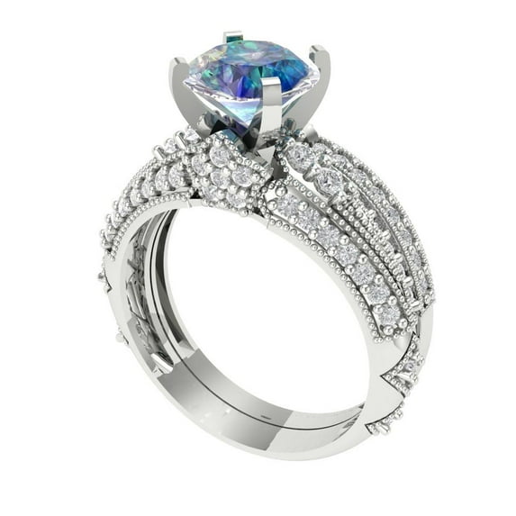 Clara Pucci 14K White Gold Round Cut 1.5Ct Synthetic Blue Moissanite Engagement Ring + Matching Band - Luxury Box Included