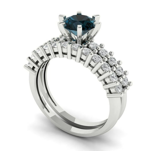 Clara Pucci 14K White Gold Round Cut 1Ct Natural London Blue Topaz Engagement Ring + Matching Band - Luxury Box Included