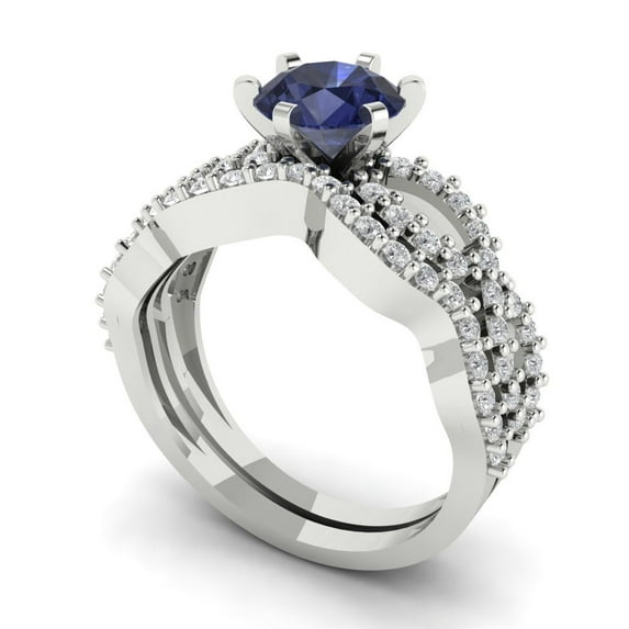 Clara Pucci 14K White Gold Round Cut 1Ct Simulated Blue Sapphire Engagement Ring + Matching Band - Luxury Box Included
