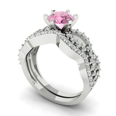 Clara Pucci 14K White Gold Round Cut 1Ct Simulated Pink Diamond Engagement Ring + Matching Band - Luxury Box Included