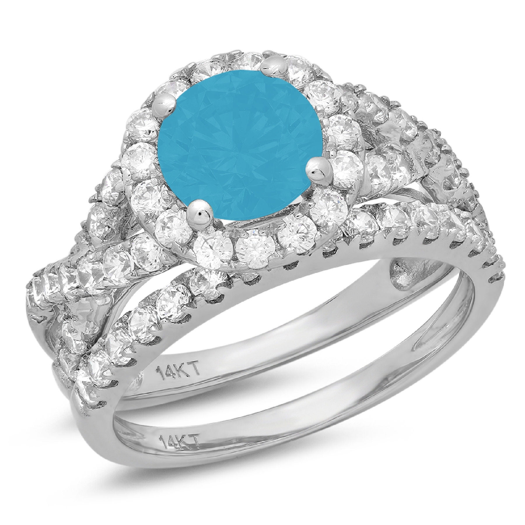 Clara Pucci 14K White Gold Round Cut 1Ct Simulated Turquoise Engagement ...