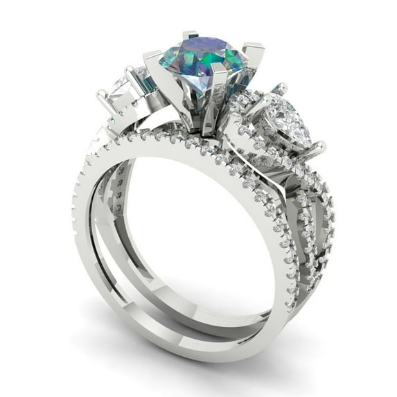 Clara Pucci 14K White Gold Round Cut 1Ct Synthetic Blue Moissanite Engagement Ring + Matching Band - Luxury Box Included