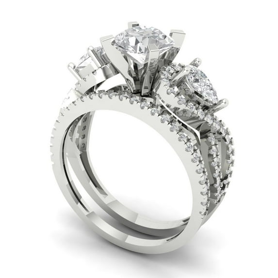 Clara Pucci 14K White Gold Round Cut 1Ct Synthetic White Sapphire Engagement Ring + Matching Band - Luxury Box Included