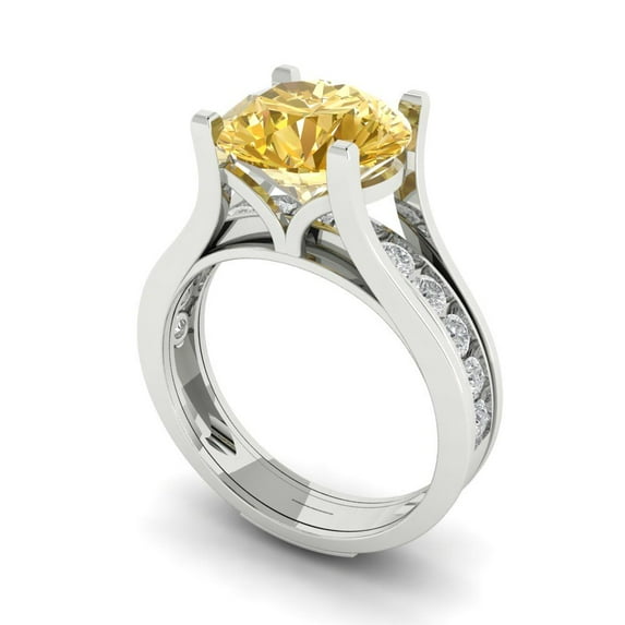 Clara Pucci 14K White Gold Round Cut 3Ct Synthetic Yellow Moissanite Engagement Ring + Matching Band - Luxury Box Included
