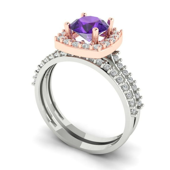 Clara Pucci 14K White/Rose Gold 1.495 Natural Amethyst Engraveable Engagement Ring + Wedding Band Set