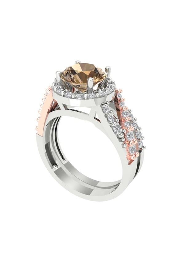 14K White/Rose Gold 2.32 Simulated Champagne Engraveable Engagement Ring + Wedding Band Set