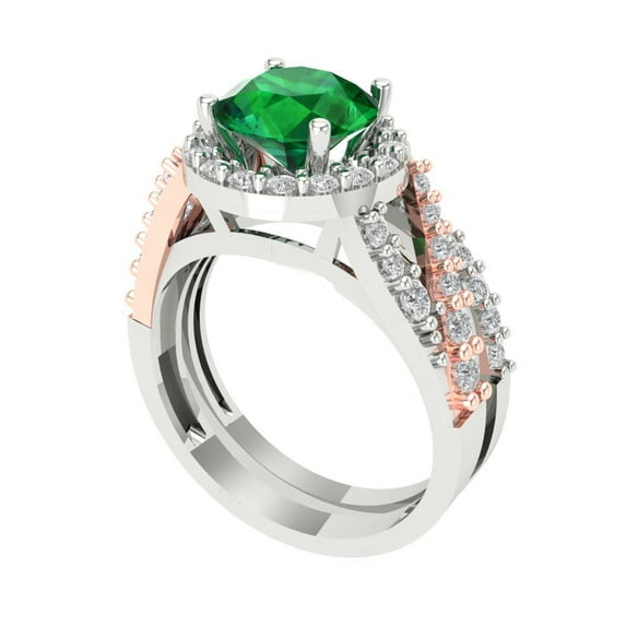 Clara Pucci 14K White/Rose Gold 2.32 Simulated Emerald Engraveable Engagement Ring + Wedding Band Set