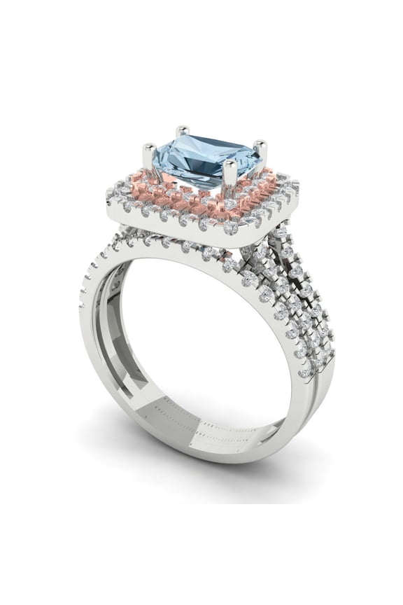 14K White/Rose Gold 3.05 Natural Aquamarine Engraveable Engagement Ring + Wedding Band Set