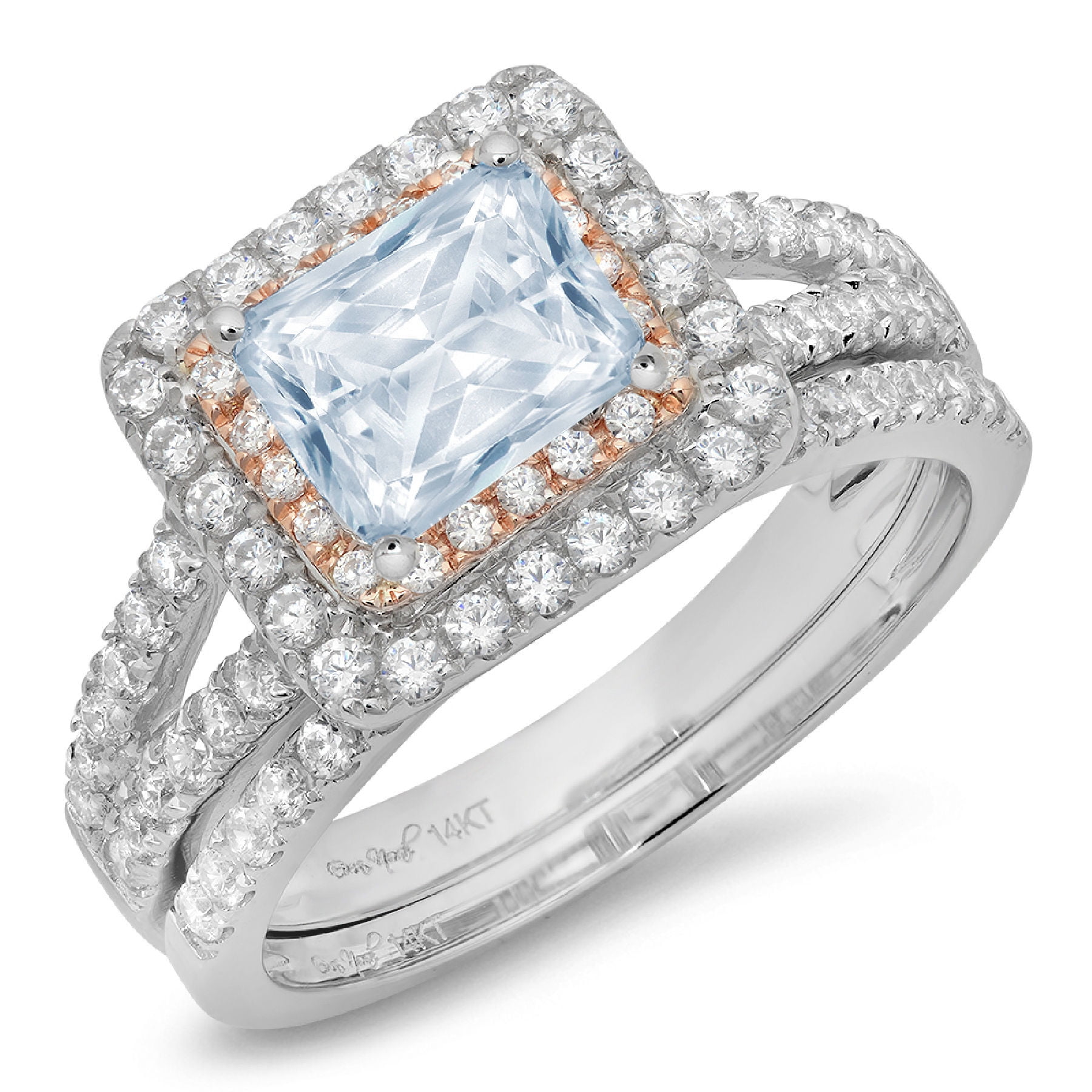 Clara Pucci 14K White/Rose Gold Emerald Cut 1Ct Simulated Blue Diamond ...