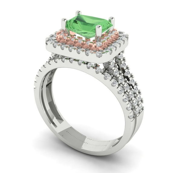 Clara Pucci 14K White/Rose Gold Emerald Cut 1Ct Simulated Green Diamond Engagement Ring + Matching Band - Luxury Box Included