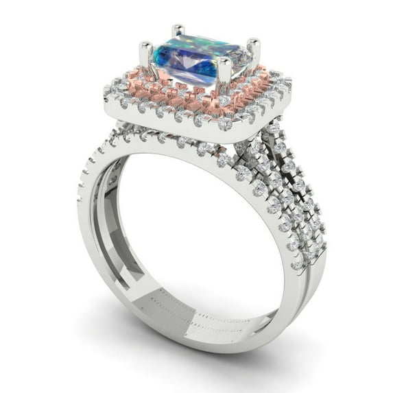 Clara Pucci 14K White/Rose Gold Emerald Cut 1Ct Synthetic Blue Moissanite Engagement Ring + Matching Band - Luxury Box Included