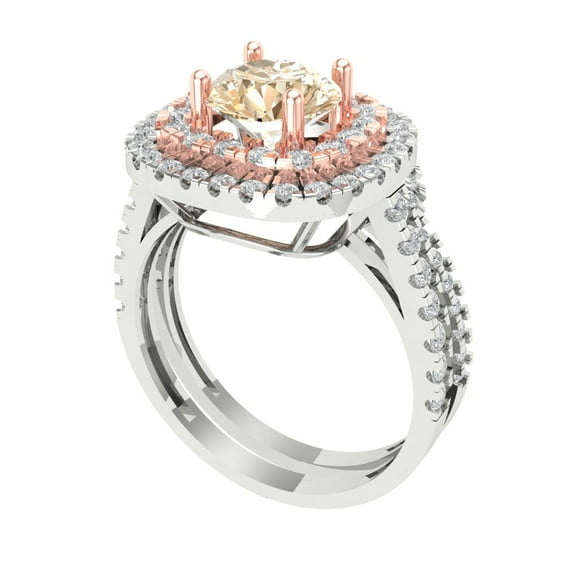 Clara Pucci 14K White/Rose Gold Round Cut 1Ct Natural Morganite Engagement Ring + Matching Band - Luxury Box Included