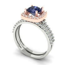 Clara Pucci 14K White/Rose Gold Round Cut 1Ct Simulated Blue Sapphire Engagement Ring   Matching Band - Luxury Box Included
