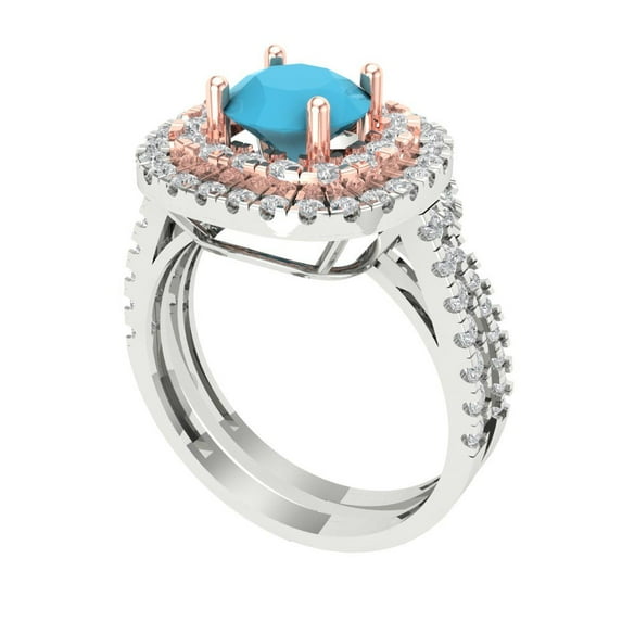 Clara Pucci 14K White/Rose Gold Round Cut 1Ct Simulated Turquoise Engagement Ring + Matching Band - Luxury Box Included