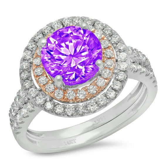 Clara Pucci 14K White/Rose Gold Round Cut 2Ct Natural Amethyst Engagement Ring + Matching Band - Luxury Box Included