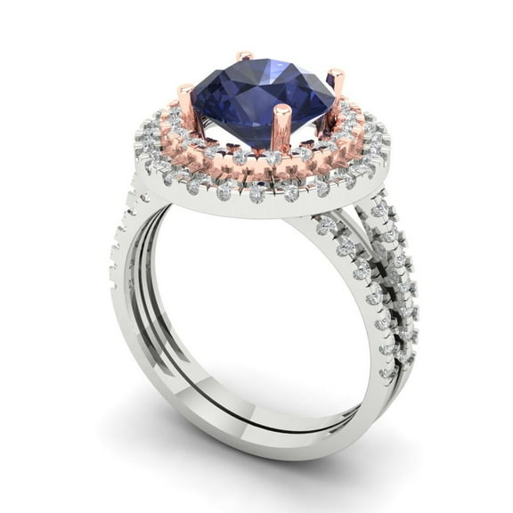 Clara Pucci 14K White/Rose Gold Round Cut 2Ct Simulated Blue Sapphire Engagement Ring + Matching Band - Luxury Box Included