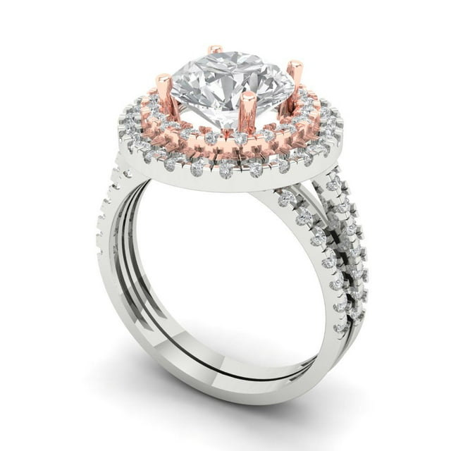 Clara Pucci 14K White/Rose Gold Round Cut 2Ct Synthetic White Sapphire Engagement Ring + Matching Band - Luxury Box Included