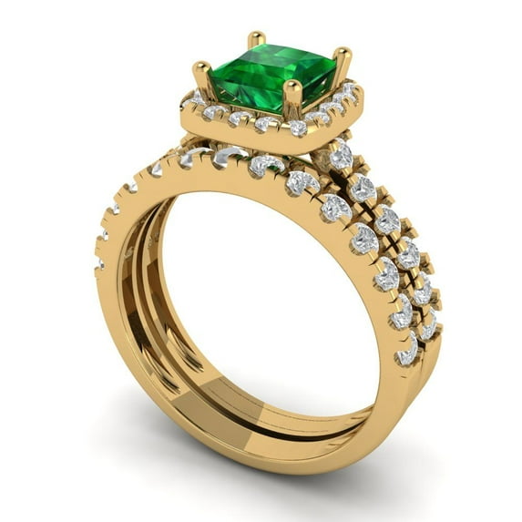 Clara Pucci 14K Yellow Gold 1.56 Simulated Emerald Engraveable Engagement Ring + Wedding Band Set