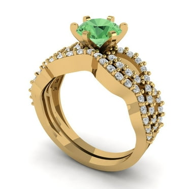 Clara Pucci 14K Yellow Gold 1.57 Simulated Green Diamond Engraveable Engagement Ring + Wedding Band Set