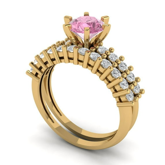 Clara Pucci 14K Yellow Gold 1.66 Simulated Pink Diamond Engraveable Engagement Ring + Wedding Band Set