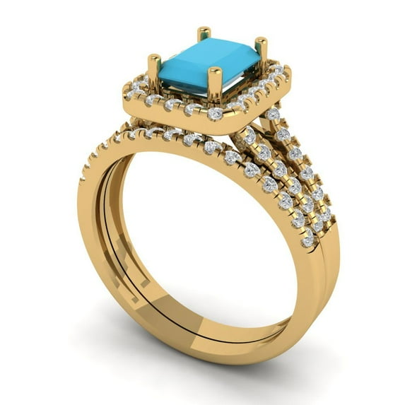 Clara Pucci 14K Yellow Gold 1.72 Simulated Turquoise Engraveable Engagement Ring + Wedding Band Set