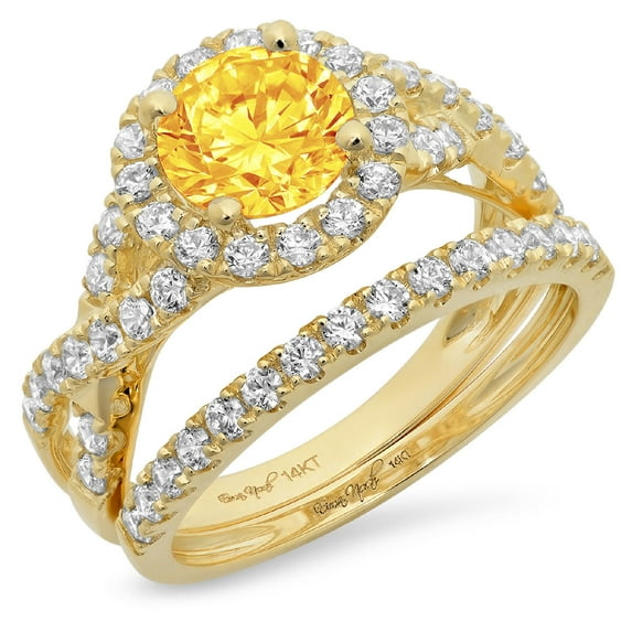 Clara Pucci 14K Yellow Gold 1.795 Natural Citrine Engraveable Engagement Ring + Wedding Band Set
