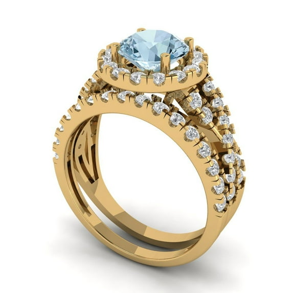 Clara Pucci 14K Yellow Gold 1.795 Simulated Blue Diamond Engraveable Engagement Ring + Wedding Band Set