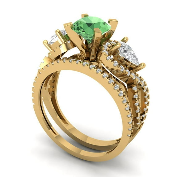 Clara Pucci 14K Yellow Gold 1.925 Simulated Green Diamond Engraveable Engagement Ring + Wedding Band Set