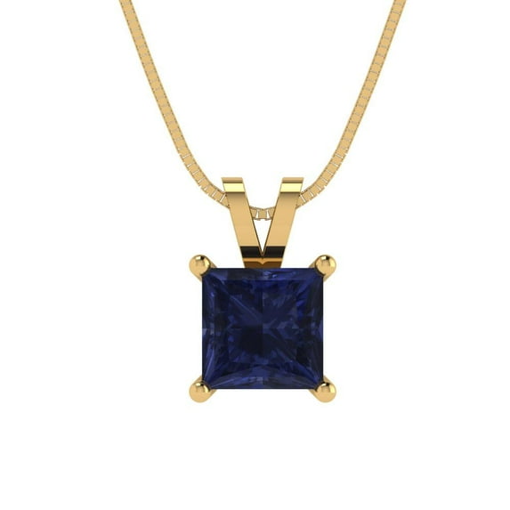 Clara Pucci 14K Yellow Solid Hypoallergenic Gold 1Ct Blue Sapphire Princess Cut Solitaire Designer Necklace Pendant For September
