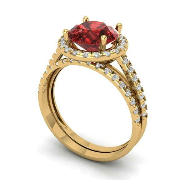 Clara Pucci 14K Yellow Gold 2.52 Natural Garnet Engraveable Engagement Ring + Wedding Band Set