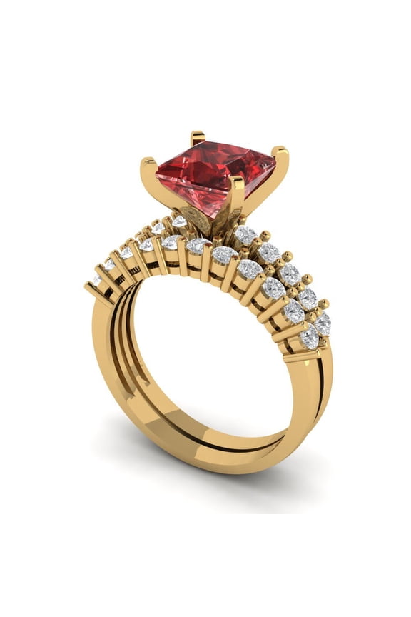 14K Yellow Gold 2.63 Natural Garnet Engraveable Engagement Ring + Wedding Band Set
