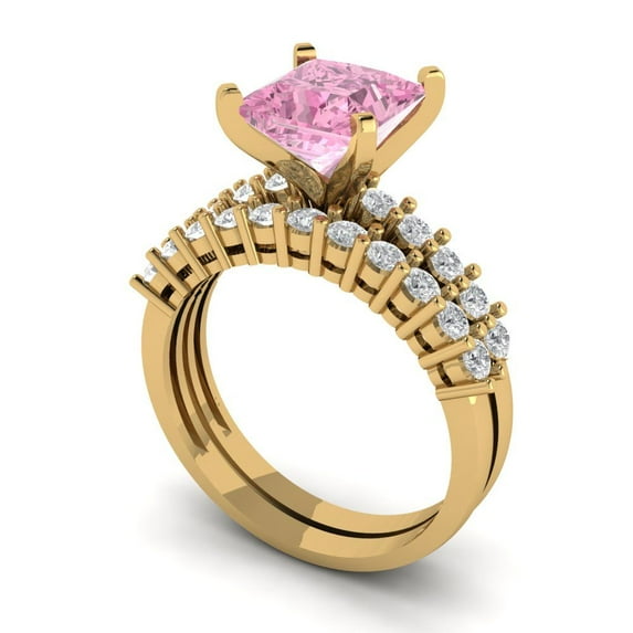 Clara Pucci 14K Yellow Gold 2.63 Simulated Pink Diamond Engraveable Engagement Ring + Wedding Band Set
