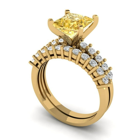Clara Pucci 14K Yellow Gold 2.63 Synthetic Yellow Moissanite Engraveable Engagement Ring + Wedding Band Set