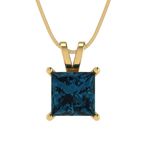 Clara Pucci 14K Yellow Solid Hypoallergenic Gold 2Ct Natural London Blue Topaz Princess Cut Solitaire Designer Necklace Pendant For December