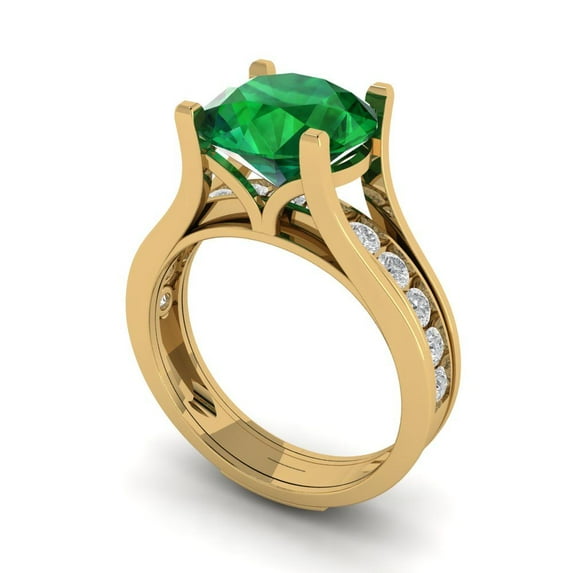 Clara Pucci 14K Yellow Gold 3.39 Simulated Emerald Engraveable Engagement Ring + Wedding Band Set