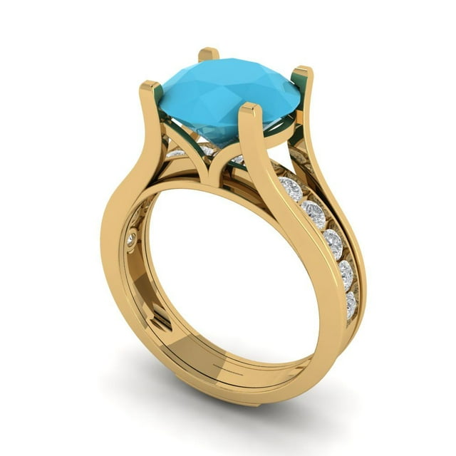 Clara Pucci 14K Yellow Gold 3.39 Simulated Turquoise Engraveable Engagement Ring + Wedding Band Set