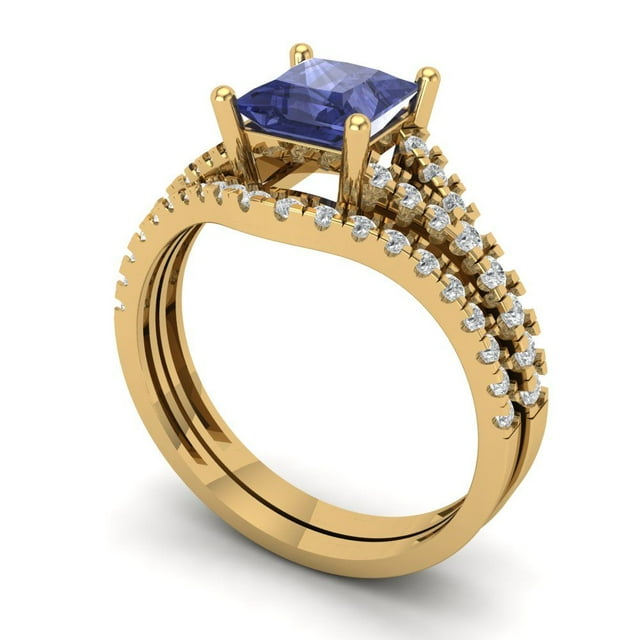 Clara Pucci 14K Yellow Gold 3.4 Simulated Tanzanite Engraveable Engagement Ring + Wedding Band Set
