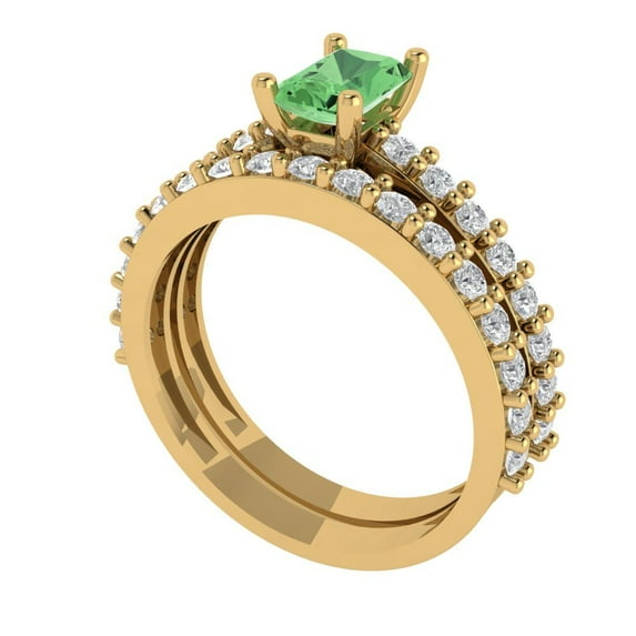 Clara Pucci 14K Yellow Gold Emerald Cut 0.5Ct Simulated Green Diamond Engagement Ring + Matching Band - Luxury Box Included
