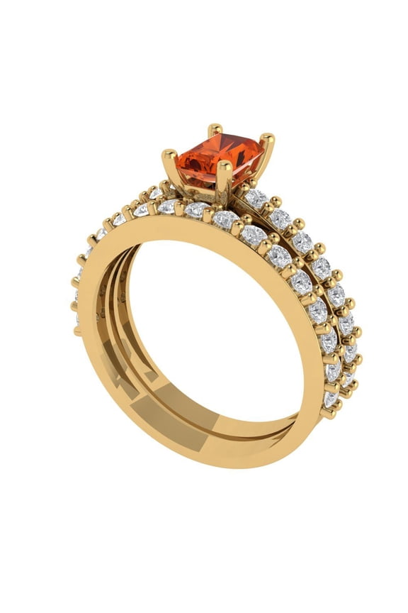 14K Yellow Gold Emerald Cut 0.5Ct Simulated Red Diamond Engagement Ring + Matching Band - Luxury Box Included