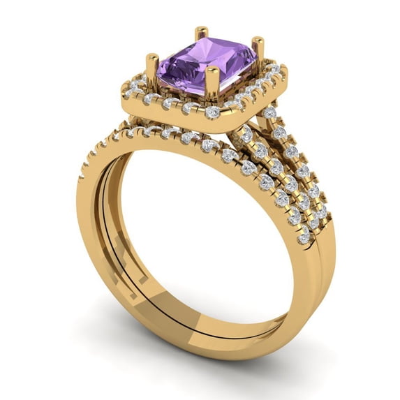 Clara Pucci 14K Yellow Gold Emerald Cut 1Ct Simulated Alexandrite Engagement Ring + Matching Band - Luxury Box Included