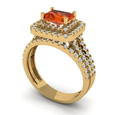 Clara Pucci 14K Yellow Gold Emerald Cut 1Ct Simulated Red Diamond Engagement Ring + Matching Band - Luxury Box Included