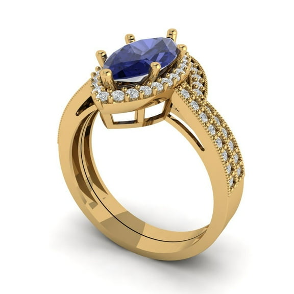 Clara Pucci 14K Yellow Gold Marquise Cut 2Ct Simulated Tanzanite Engagement Ring + Matching Band - Luxury Box Included
