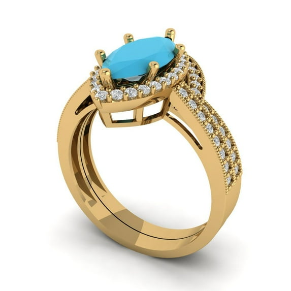 Clara Pucci 14K Yellow Gold Marquise Cut 2Ct Simulated Turquoise Engagement Ring + Matching Band - Luxury Box Included