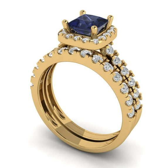 Clara Pucci 14K Yellow Gold Princess Cut 0.75Ct Simulated Blue Sapphire Engagement Ring + Matching Band - Luxury Box Included