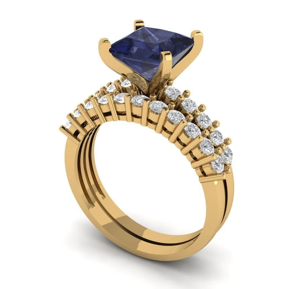 Clara Pucci 14K Yellow Gold Princess Cut 2Ct Simulated Blue Sapphire Engagement Ring + Matching Band - Luxury Box Included