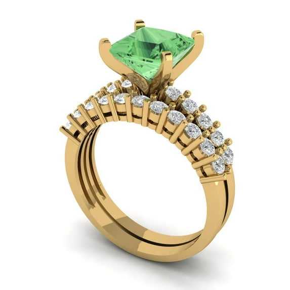 Clara Pucci 14K Yellow Gold Princess Cut 2Ct Simulated Green Diamond Engagement Ring + Matching Band - Luxury Box Included