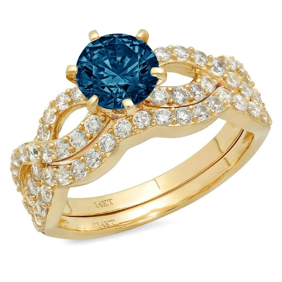 Clara Pucci 14K Yellow Gold Round Cut 1Ct Natural London Blue Topaz Engagement Ring + Matching Band - Luxury Box Included