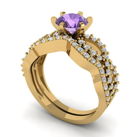 Clara Pucci 14K Yellow Gold Round Cut 1Ct Simulated Alexandrite Engagement Ring + Matching Band - Luxury Box Included